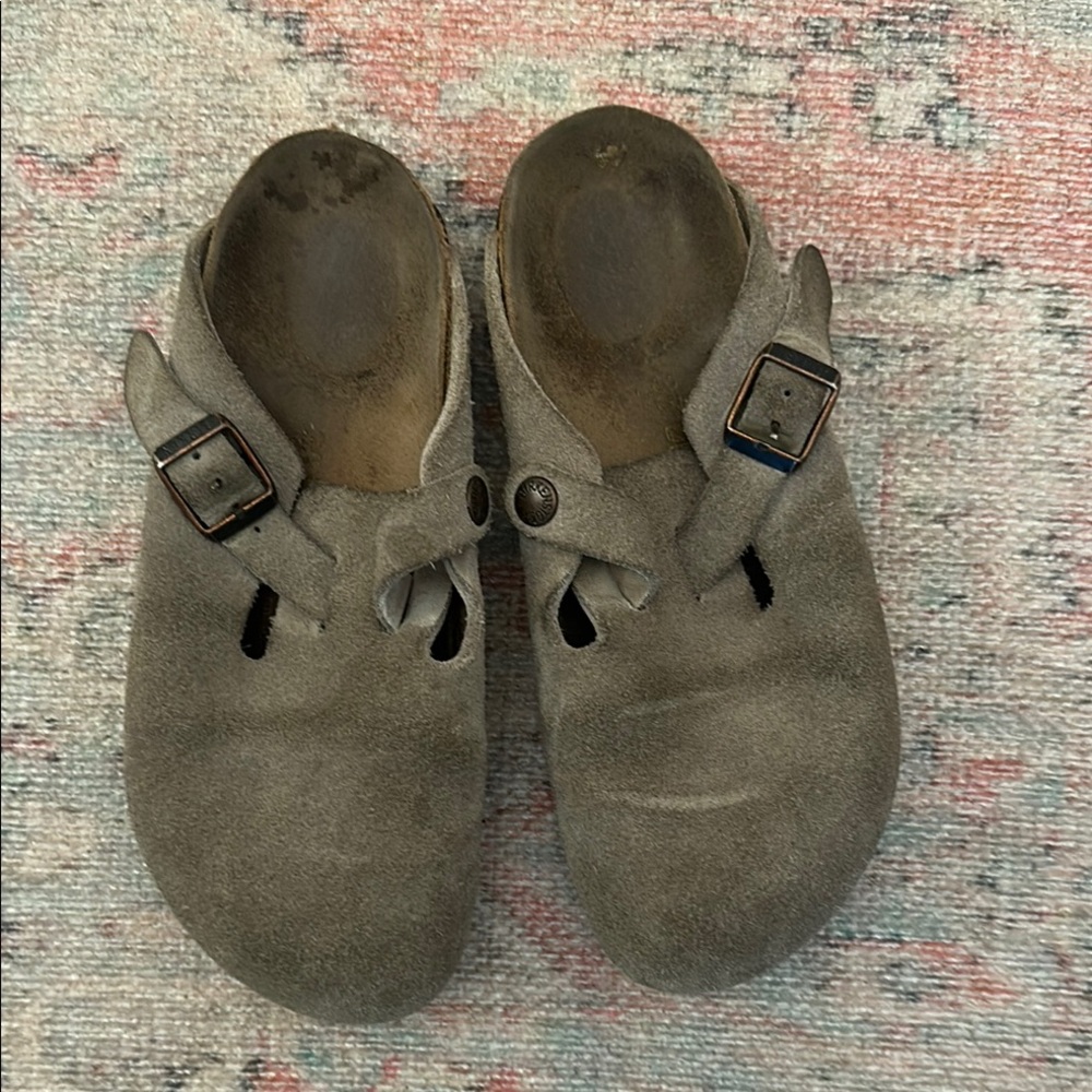 Birkenstock Taupe Suede Slide On Clogs with Buckle